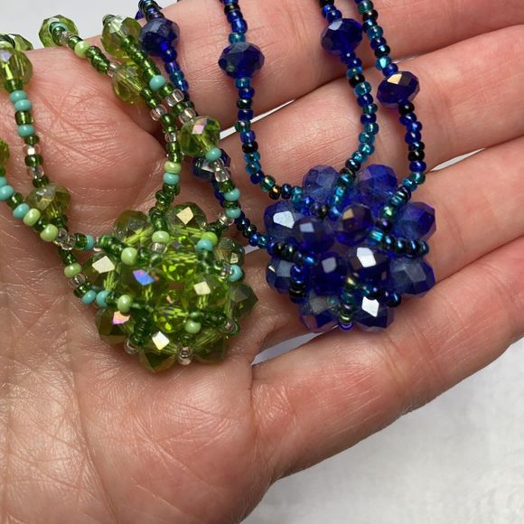 Set Of 2 Necklaces Green Blue AB Czech Crystal Beads & Seed Beads Magnetic Clasp - Picture 1 of 13